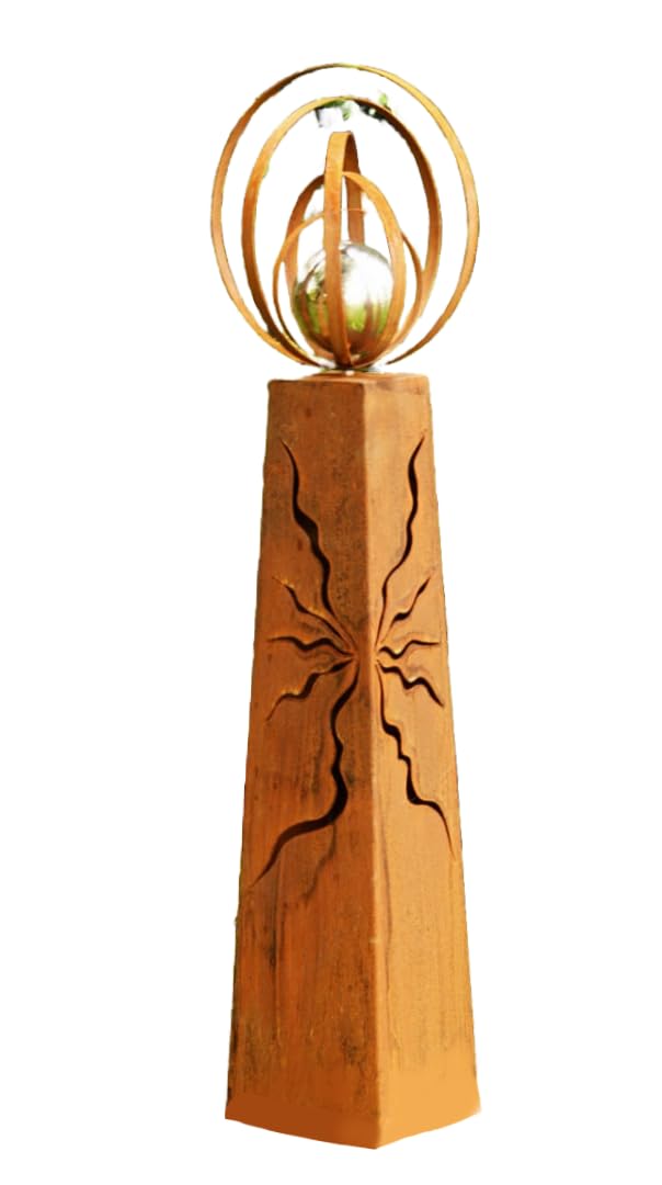 Gartendeko Metall, Rost, konische Rostsäule, 100 cm mit Edelstahlkugel und Rostbänder in Kugelform,