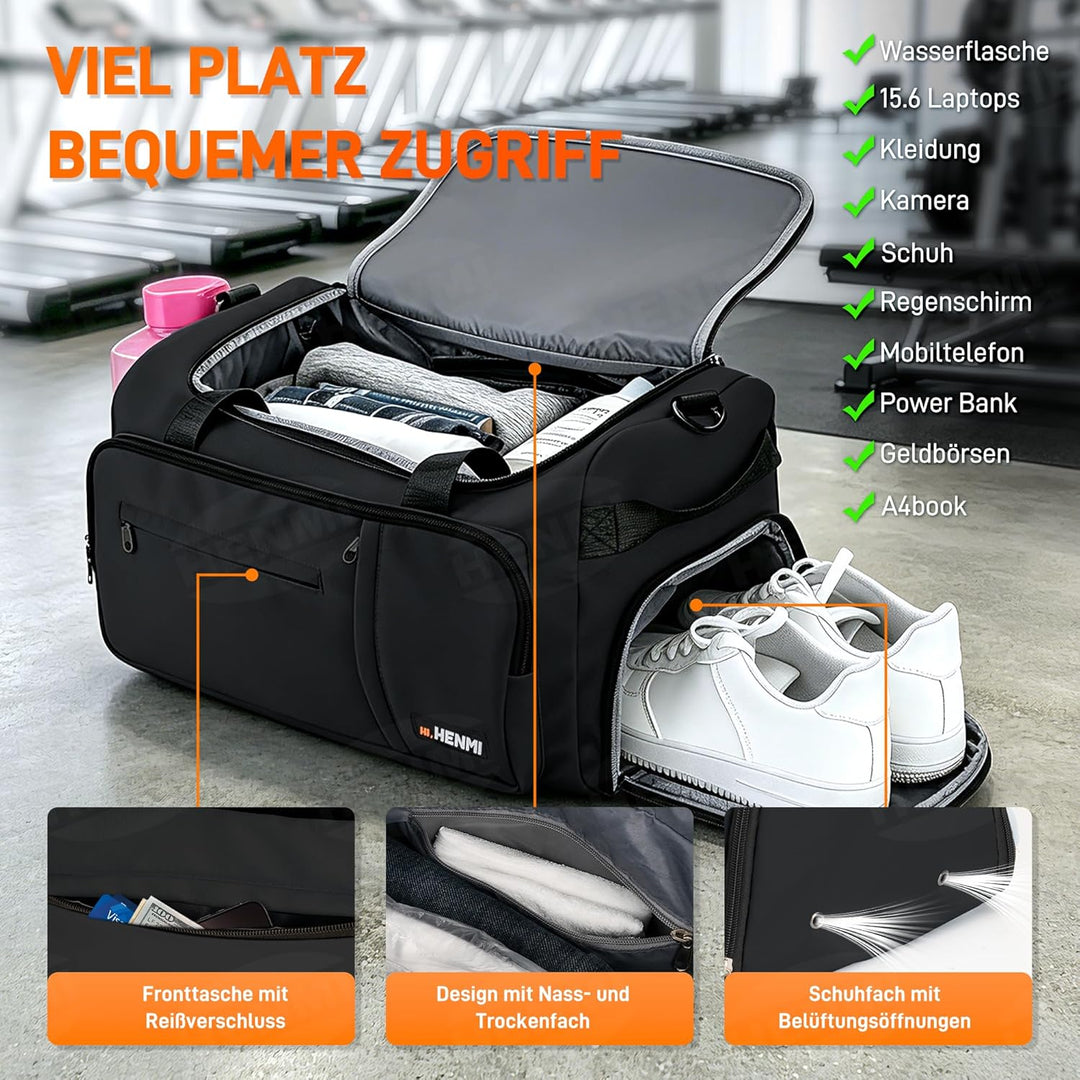 HENMI Sporttasche &amp; Reisetasche für Herren und Damen, 43L Gross gymbag mit Schuhfach und Nassfach, F