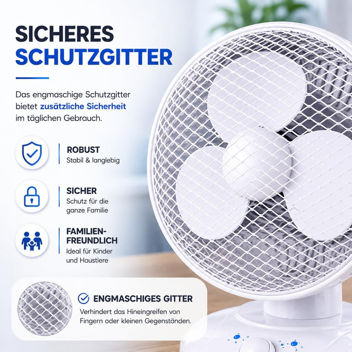 Leiser Tischventilator (30 cm) mit 90° Schwenkfunktion Ventilator – tragbares Design, 3 Leistungsstu
