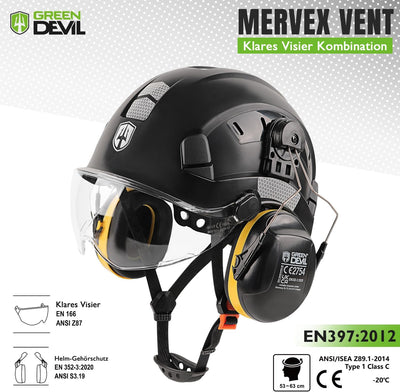 GREEN DEVIL Schutzhelm Arbeitshelm mit klarem Visier und Gehörschutz Ohrenschützer Einstellbarer ABS