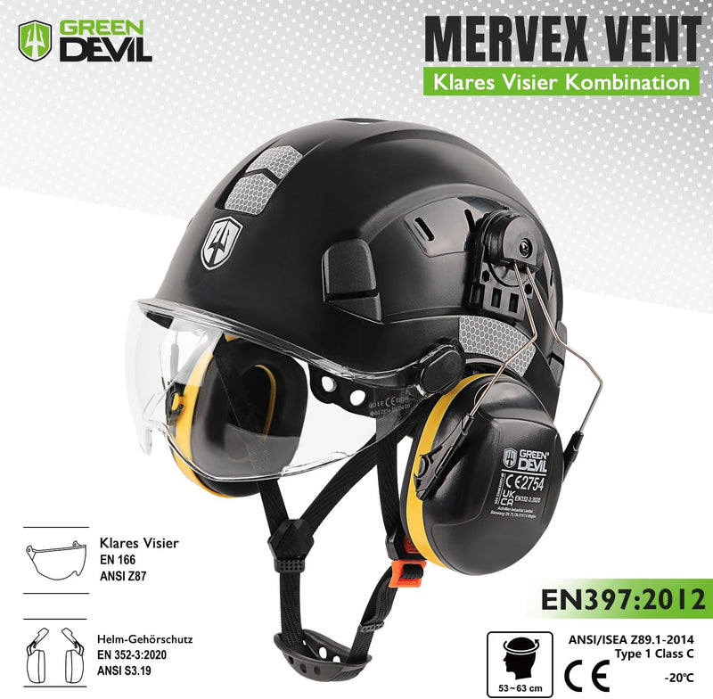 GREEN DEVIL Schutzhelm Arbeitshelm mit klarem Visier und Gehörschutz Ohrenschützer Einstellbarer ABS