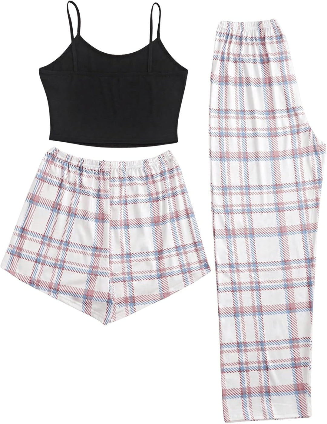 GORGLITTER Damen Schlafanzug 3er Set Cami Schlafanzug Plaid Pajamas Set Nachtwäsche Schlafhose Karie