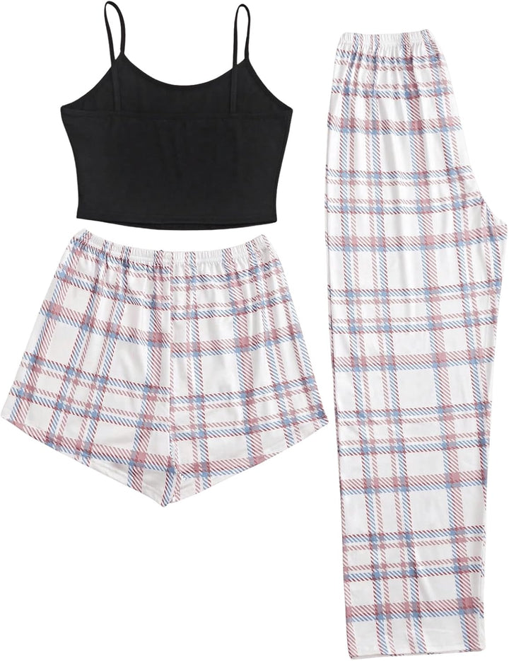 GORGLITTER Damen Schlafanzug 3er Set Cami Schlafanzug Plaid Pajamas Set Nachtwäsche Schlafhose Karie
