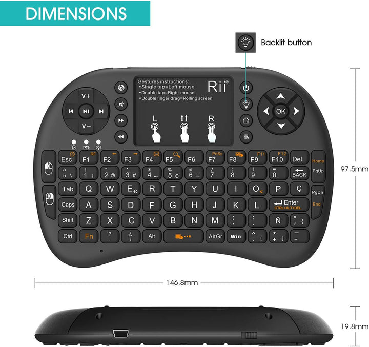 Rii Mini i8+ Wireless (Spanisch QWERTY) - Mini Tastatur mit Touchpad