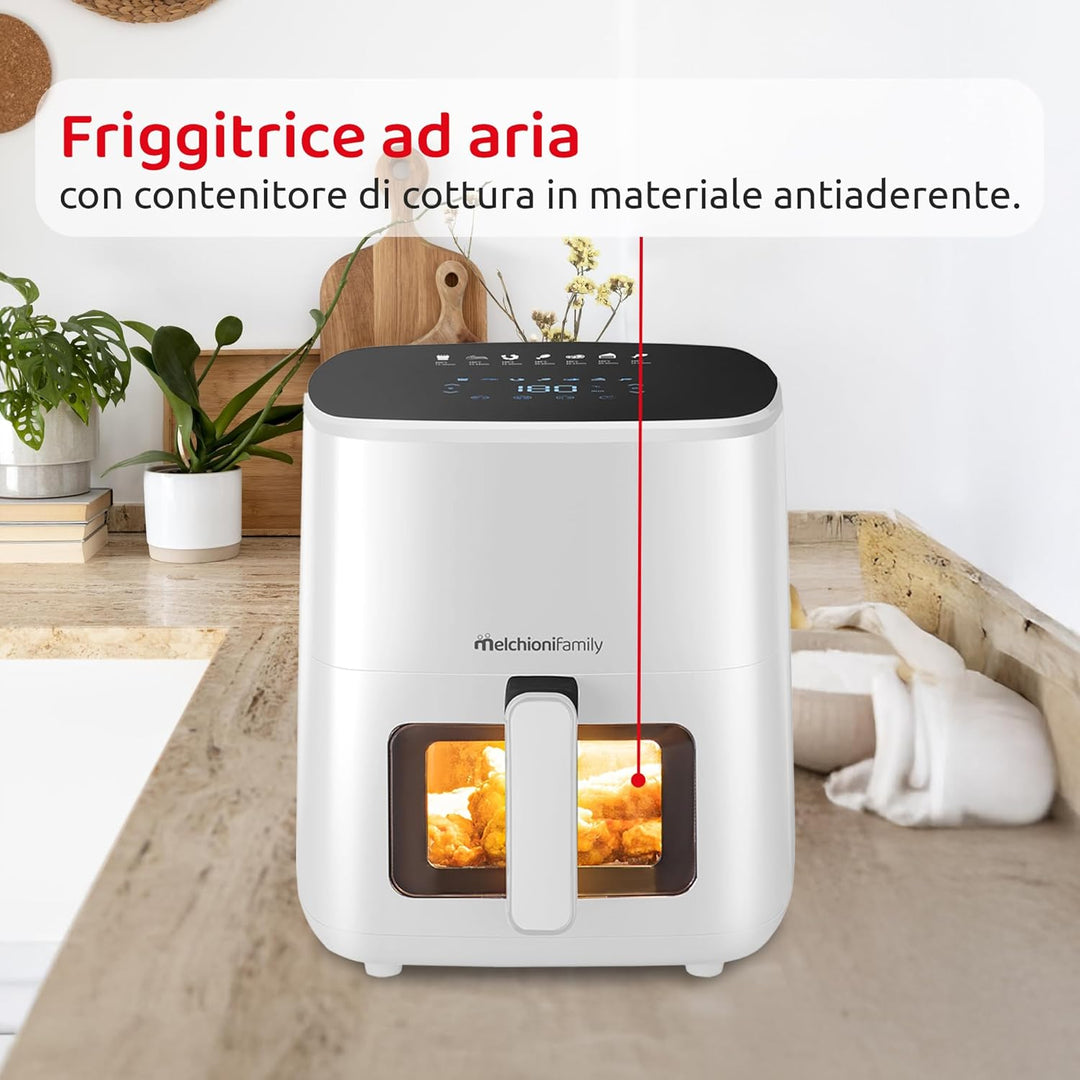 Melchioni Family Marianna New Luftfritteuse, 5 l, kompakt, mit Antihaft-Behälter, Touch-Display, 7 P