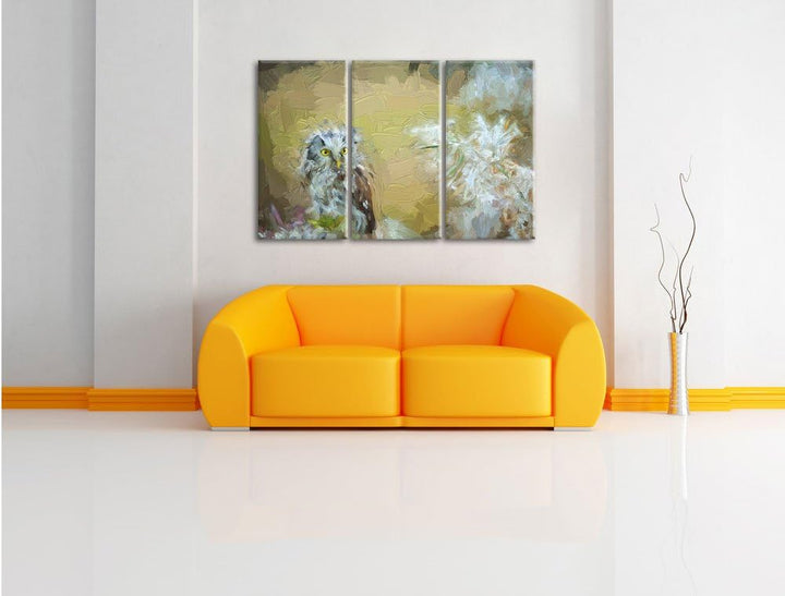 Pixxprint Kleiner Kauz auf AST / 3-Teilig/Gesamtmass 120cm Leinwandbild bespannt auf Holzrahmen/Wand