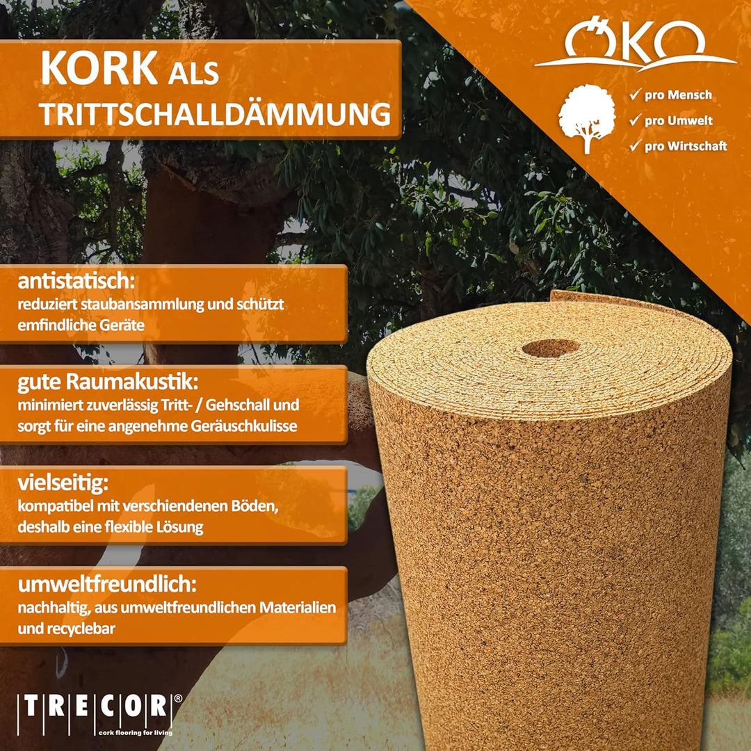 ökologische Trittschalldämmung TRECOR Rollenkork / Trittschallkork - Stärke 2 mm - Dichte: 200 kg/m³