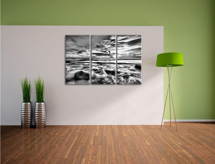 Pixxprint Sonnenuntergang am Meer als Leinwandbild/Grösse: 3 Teilig (120x80) cm/Wandbild/Kunstdruck/