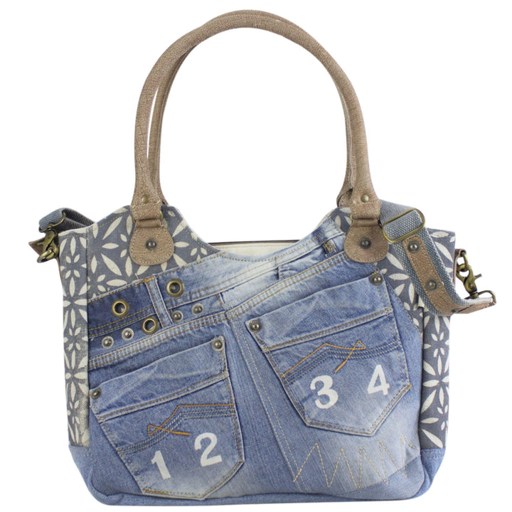 Sunsa Damen Nachhaltige Handtasche aus recycelte Jeans Canvas &amp; Leder. Vintage Still grosse Schulter