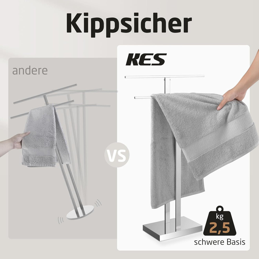 KES Handtuchhalter Stehend Handtuchständer Badetuchhalter Edelstahl 18/8 Doppel Handtuchstange Freis
