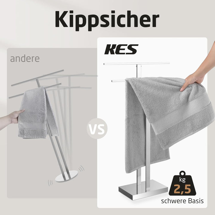 KES Handtuchhalter Stehend Handtuchständer Badetuchhalter Edelstahl 18/8 Doppel Handtuchstange Freis