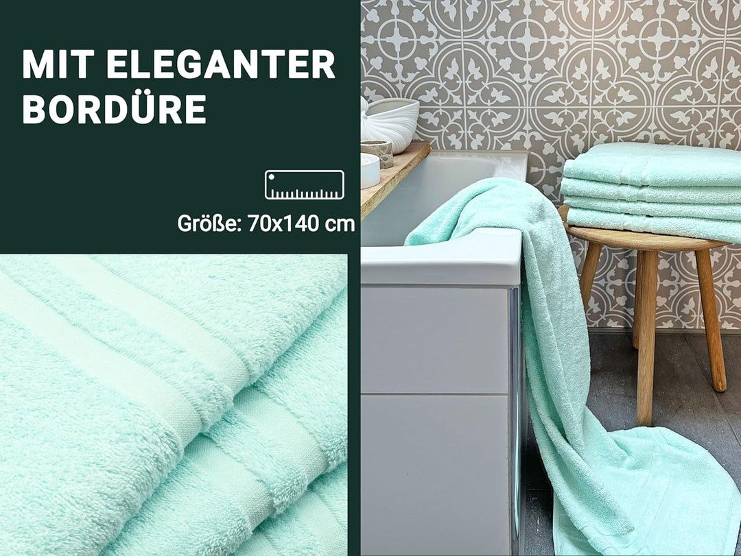 ZOLLNER 5er Set Duschtücher, Badehandtücher, 70x140 cm, Baumwolle, Mint 5er Set Mint, 5er Set Mint