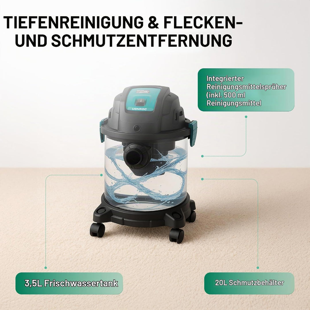VONROC Teppichreiniger 1400W – Staubsauger Nass- und Trockensauger – Inkl. Reinigungsmittel, Staubbe