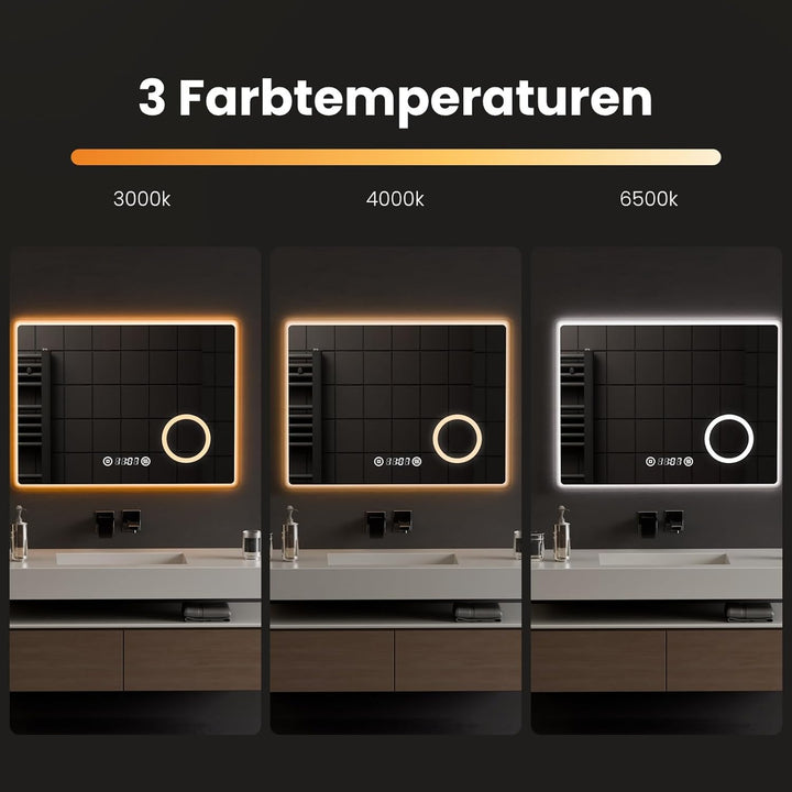 EMKE® 7 in 1 LED Badspiegel 80x60cm Badspiegel mit Beleuchtung 3000K/4000K/6500K Touch+Dimmbar+Besch
