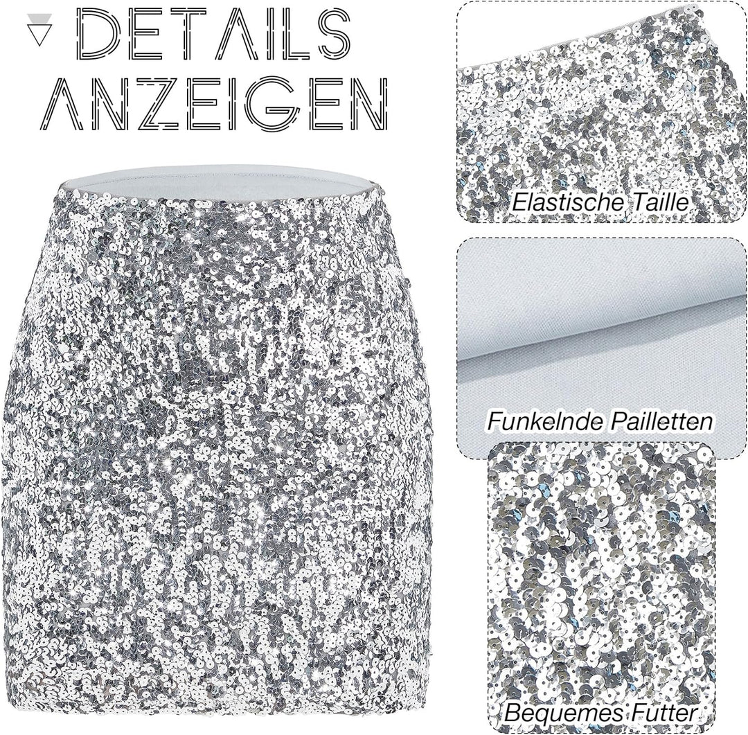 Durio Pailettenrock Für Damen Glitzer Rock Kurz Damen Sexy Midi Skirt Hüftrock mit Elastische Taille