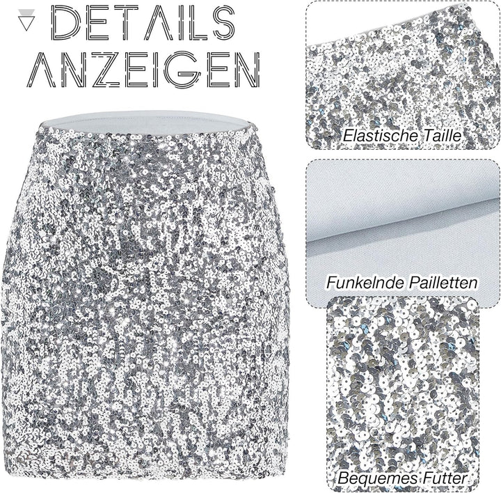 Durio Pailettenrock Für Damen Glitzer Rock Kurz Damen Sexy Midi Skirt Hüftrock mit Elastische Taille