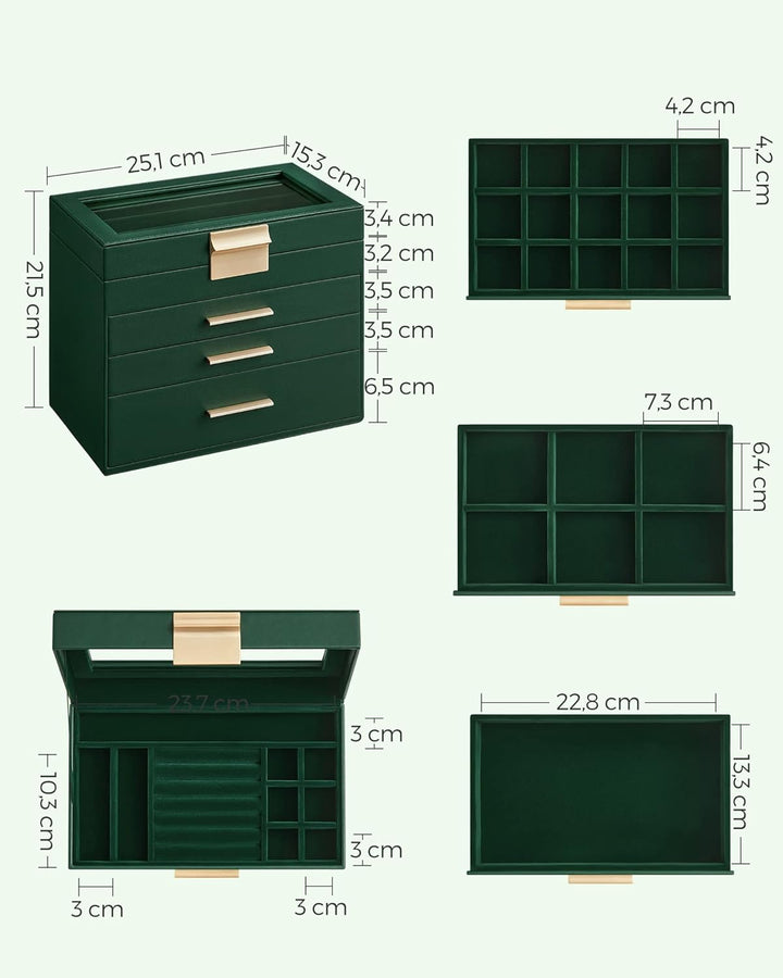 SONGMICS Schmuckkästchen, Schmuckkasten mit 4 Ebenen, Schmuckbox mit Glasdeckel, 3 Schubladen, für S