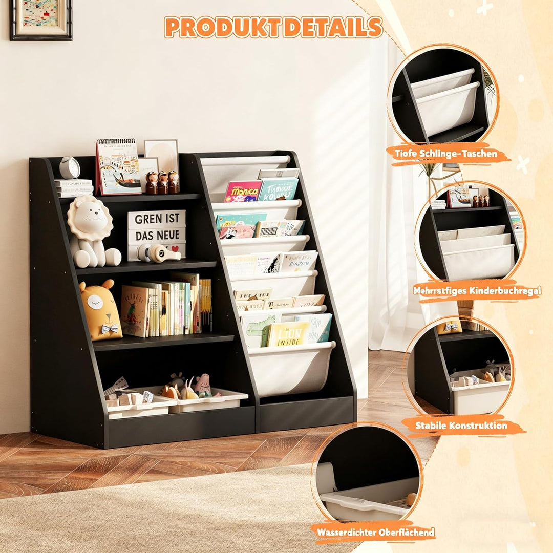 KEEPREAPER Kinderregal Bücherregal für Kinder, 90x40x80cm, mit 5 Ablage und 4 offenen Fächern, aus H