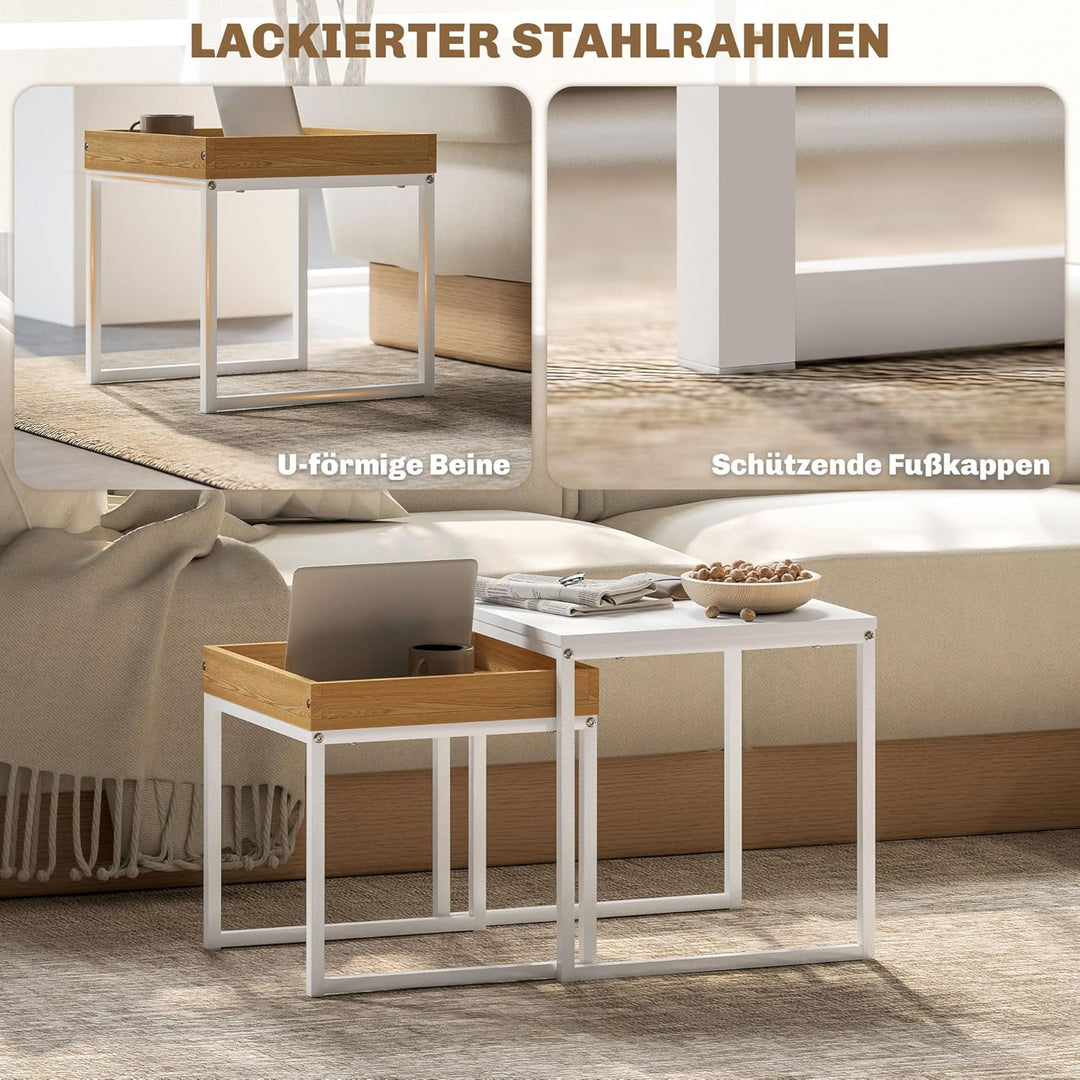 HOMCOM Couchtisch 2er Set Satztisch Quadratischer Beistelltisch mit Abnehmbarem Tablett, Stahlgestel