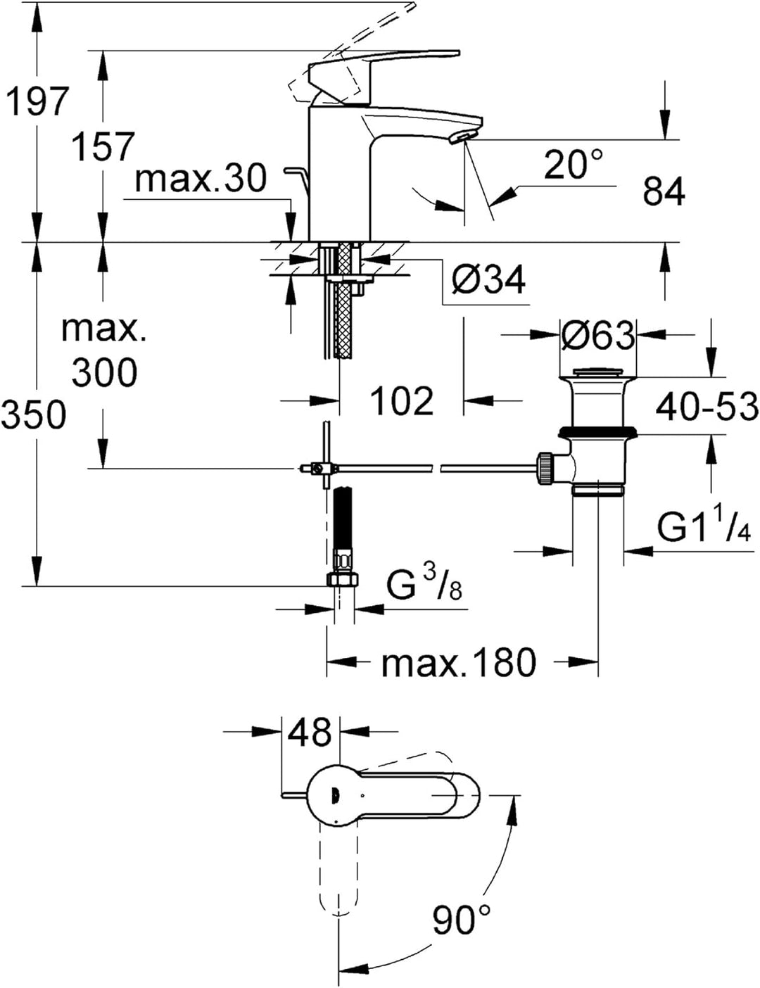 Grohe 2337420E Eurostyle Cosmopolitan, Badarmatur - Einhand-Waschtischbatterie, mit Zugstange, Energ
