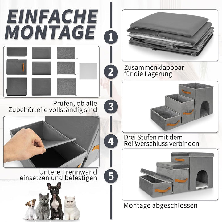 Haustiertreppe 3 Stufen mit Zwingerdesign Hundetreppe Zusammenklappbar mit Stauraum,Kombinierte Verw