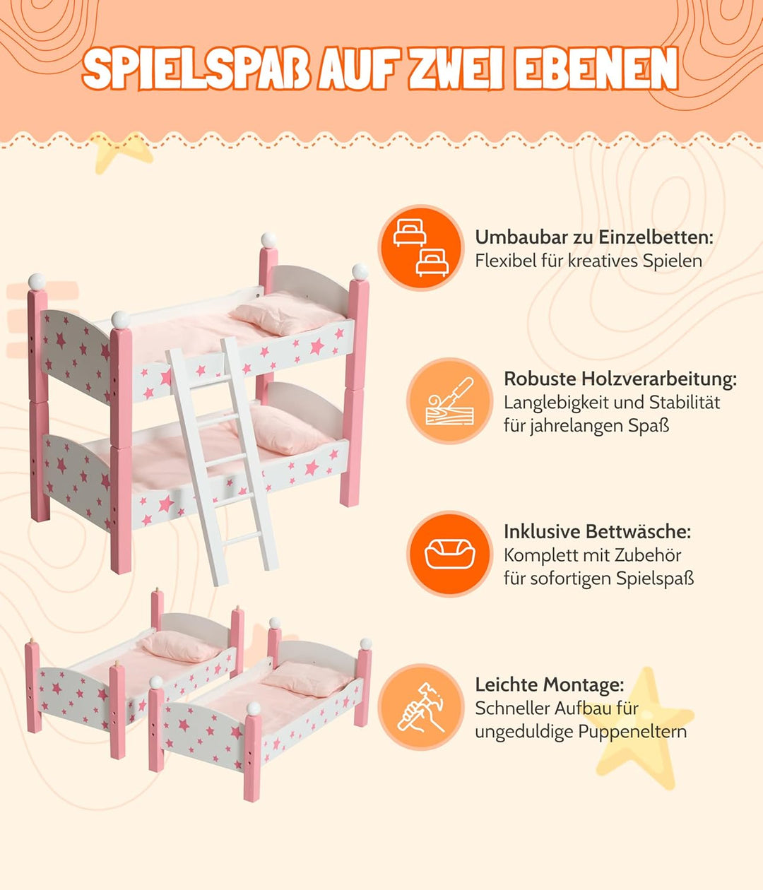 Bayer Chic 2000 - Puppen-Etagenbett für Baby-Puppen bis 48 cm, Puppenbett, Puppenmöbel, Stars pink,