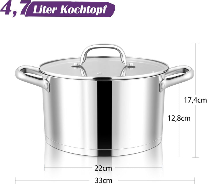 Joyfair Kochtopf, 22cm Edelstahl Suppentopf mit Glasdeckel, 3-Lagen Edeastahl Topf Induktion für all
