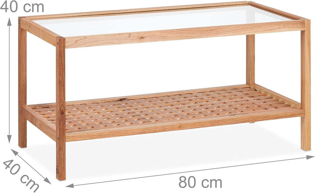Relaxdays Beistelltisch, Wohnzimmertisch mit Glasablage, HBT 40x80x40 cm, Ablagetisch Walnussholz, K