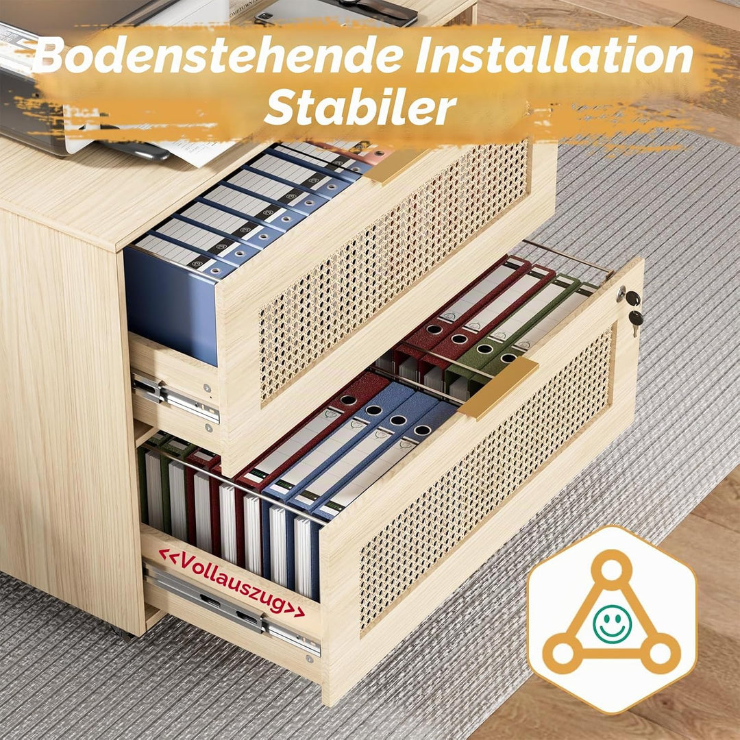 Rollcontainer Rattan, Büroschrank Abschliessbar, Mobiler Aktenschrank mit 4 Rollen, Ordnerschrank mi