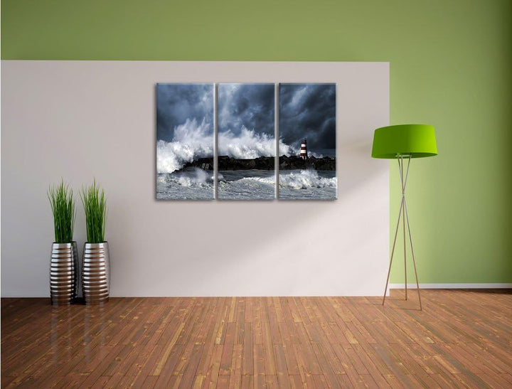 Pixxprint Tobendes Meer mit Leuchtturm als Leinwandbild/Grösse: 3 Teilig (120x80) cm/Wandbild/Kunstd
