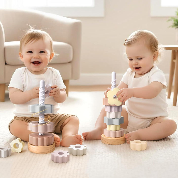 Joyreal Stapelturm Baby Holz - Stapelspiel Montessori Spielzeug ab 1 2 Jahr, Stapelringe Holzspielze