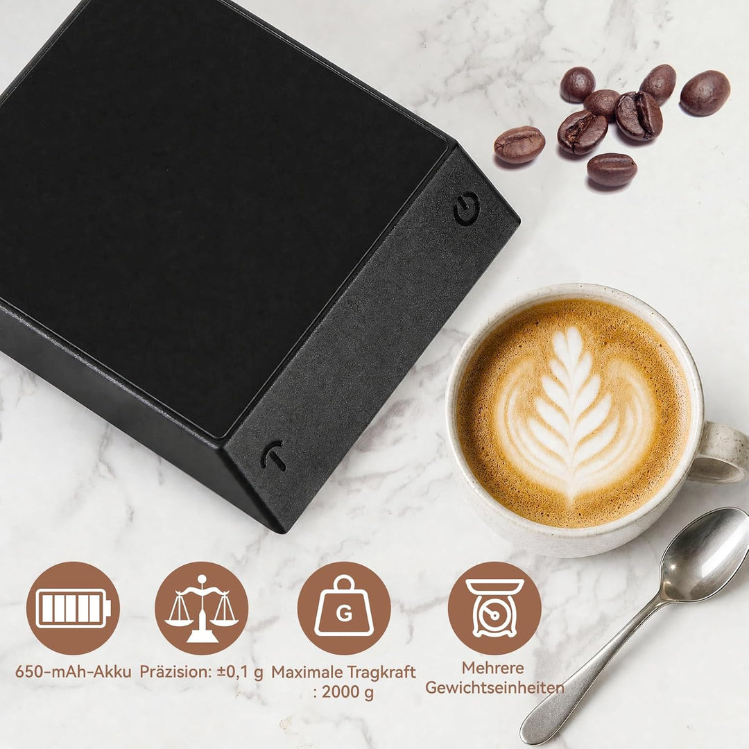 Kaffeewaage mit Timer, Wiederaufladbare Espressowaage 2kg/0,1g Präzision, Mini Kaffeewaage mit 45° G
