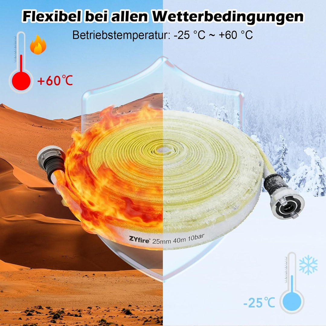 ZYfire Feuerwehrschlauch 25mm x 40m | 1 Zoll Feuerschlauch mit D-Storz Kupplung | flexibler Wassersc