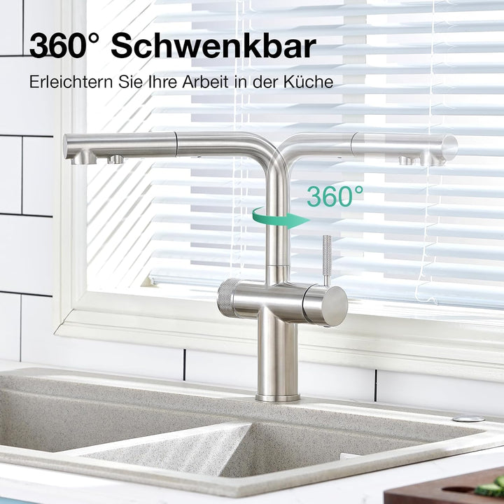 Faustina 3 Wege Küchenarmatur mit Brause ausziehbar, Doppelhebel Armatur Wasserhahn Spültischarmatur