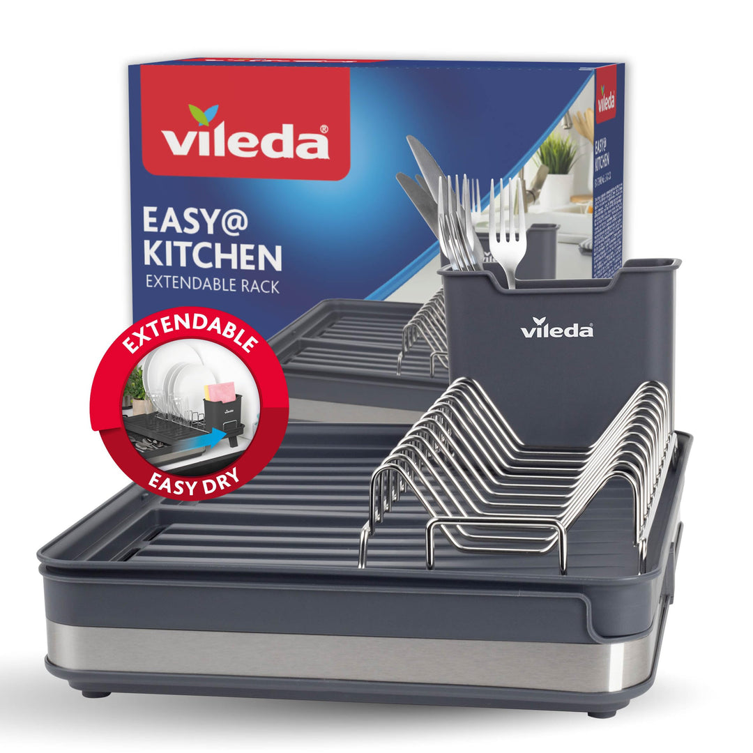 Vileda Abtropfgestell Geschirr - Platzsparendes Design mit Besteckhalter - Geschirrablage ausziehbar