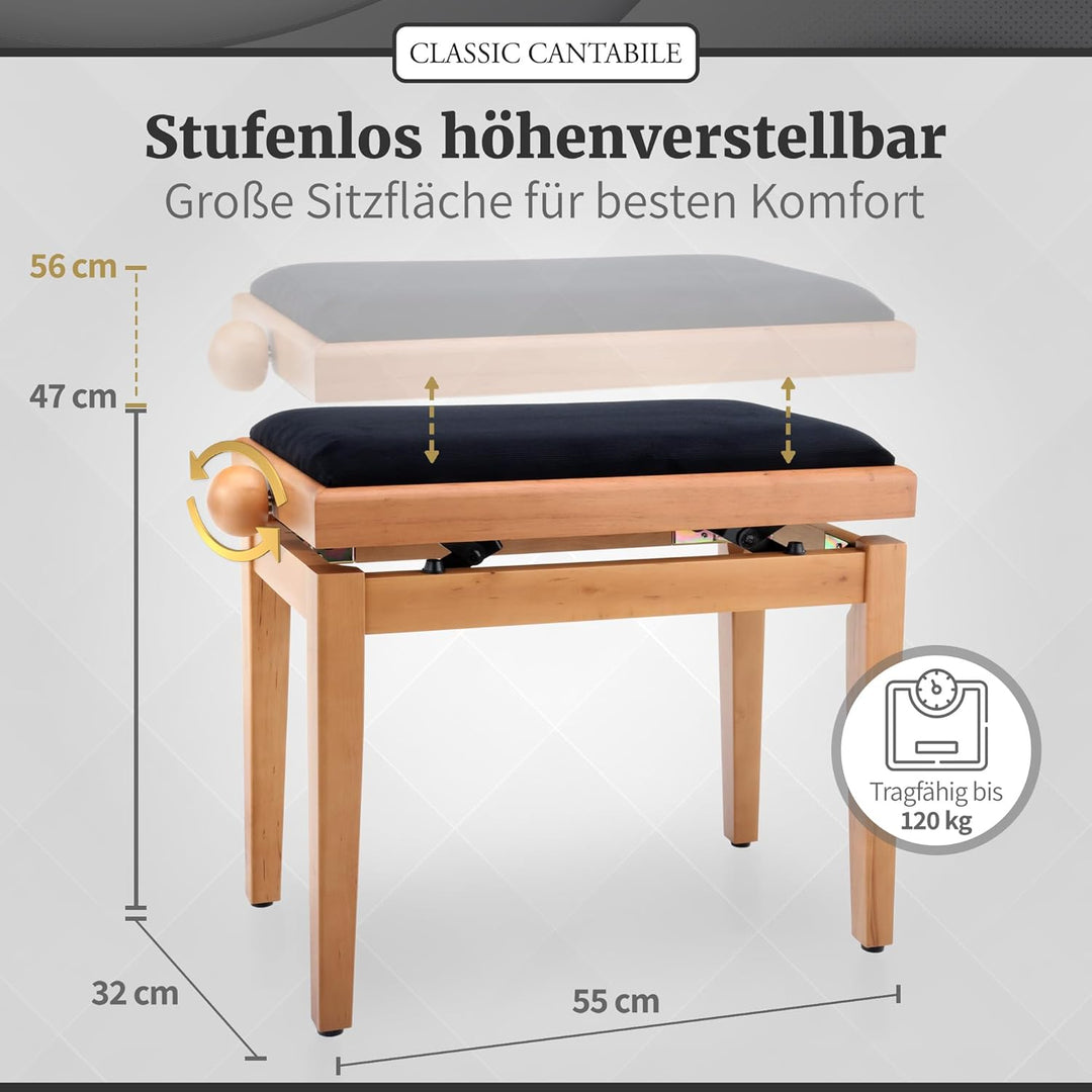 Classic Cantabile Pianobank Kirsche-matt (Höhenverstellbar von 47-56cm, Spindelmechanik, Sitzfläche