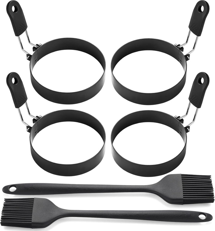 Eierring-Set aus Edelstahl, 8,9 cm, runde Eierform zum Braten und Grillen, mit Ölpinsel (4 Ringe, 2
