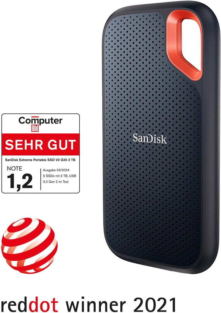 SanDisk Extreme Portable SSD 2 TB (tragbare NVMe SSD, USB-C, bis zu 1.050 MB/s Lesegeschwindigkeit u