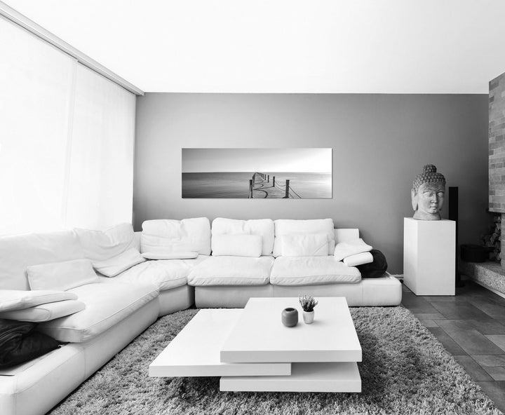 Paul Sinus Art Panoramabild auf Leinwand und Keilrahmen 120x40cm Meer Holzsteg schwarz/weiss