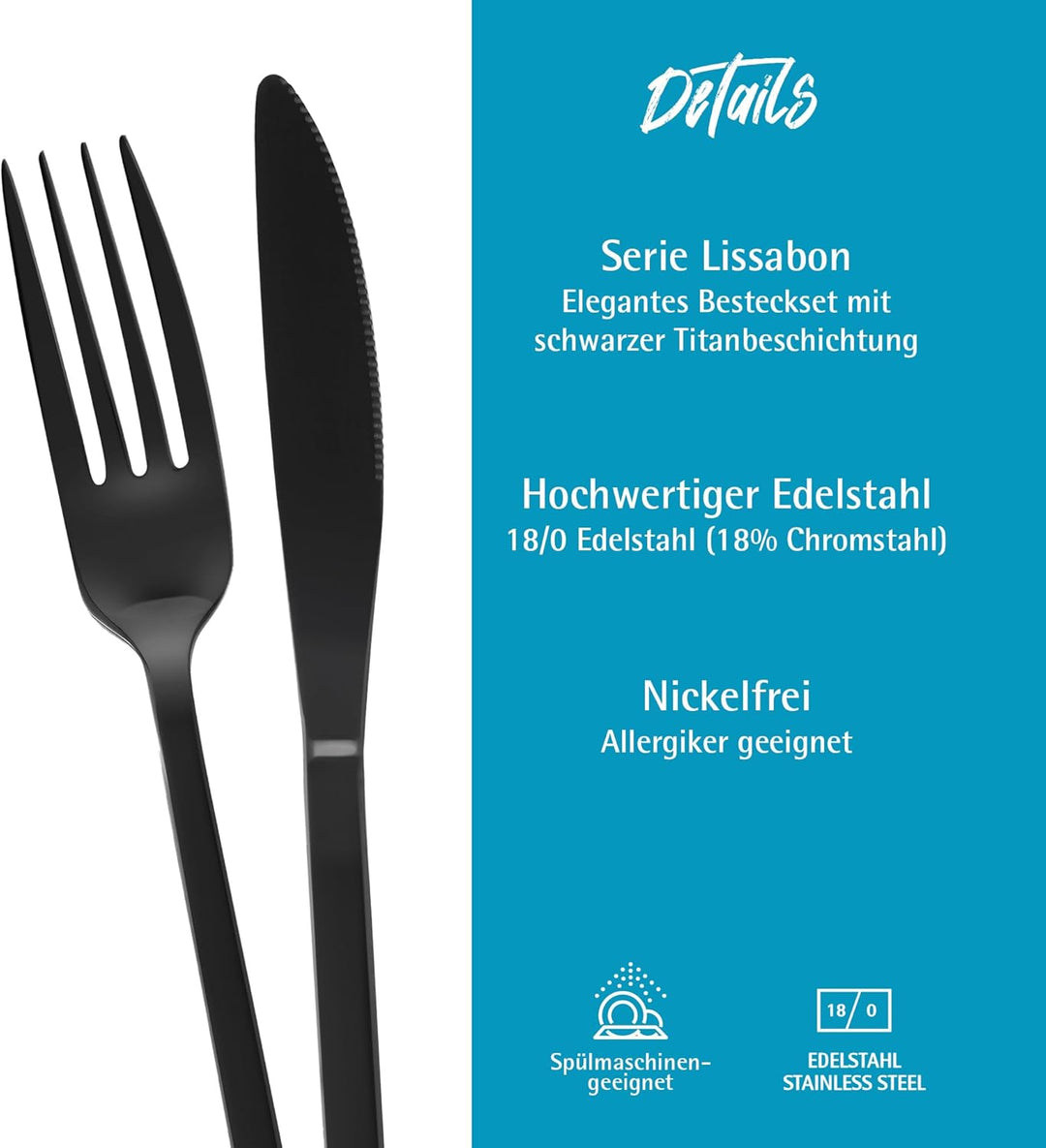 GRÄWE Besteck schwarz, Besteck-Set für 2 Personen, 10-teilig, Edelstahl Tafelbesteck, Essbesteck spü