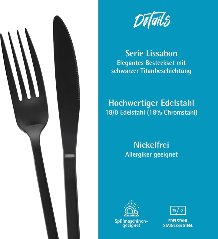 GRÄWE Besteck schwarz, Besteck-Set für 2 Personen, 10-teilig, Edelstahl Tafelbesteck, Essbesteck spü