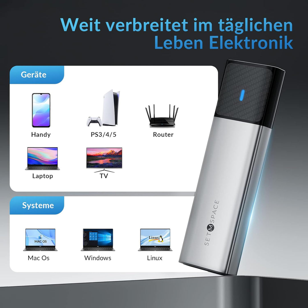NVMe Gehäuse [Werkzeuglos], SETMSPACE M2 SSD Gehäuse [NVMe & SATA], M.2 SSD Gehäuse mit 2-in-1 Kabel