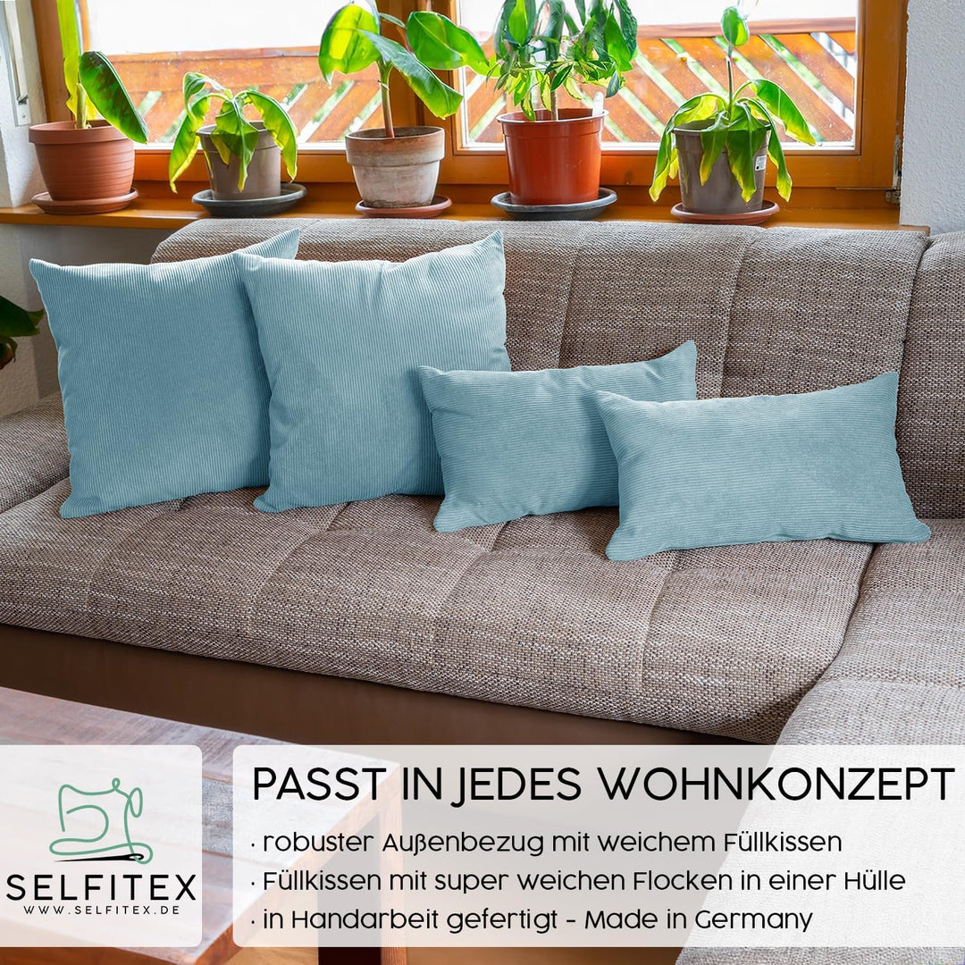 4er Set Cord Sofakissen 2X 30x50 + 2X 50x50, Couchkissen inkl. Füllkissen, samtiger Kissenbezug mit