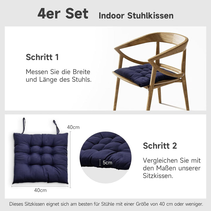4er Set Stuhlkissen mit Bändern, Bequemes Sitzkissen 40x40 cm Stuhlauflage für Bürostuhl, Gartenstuh