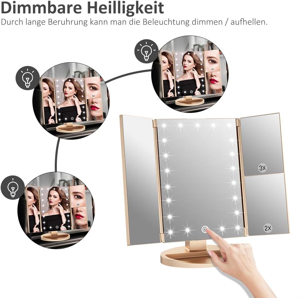 WEILY Schminkspiegel mit Beleuchtung, Faltbare Kosmetikspiegel mit 1X/2X/3X Vergrösserung, Schminksp