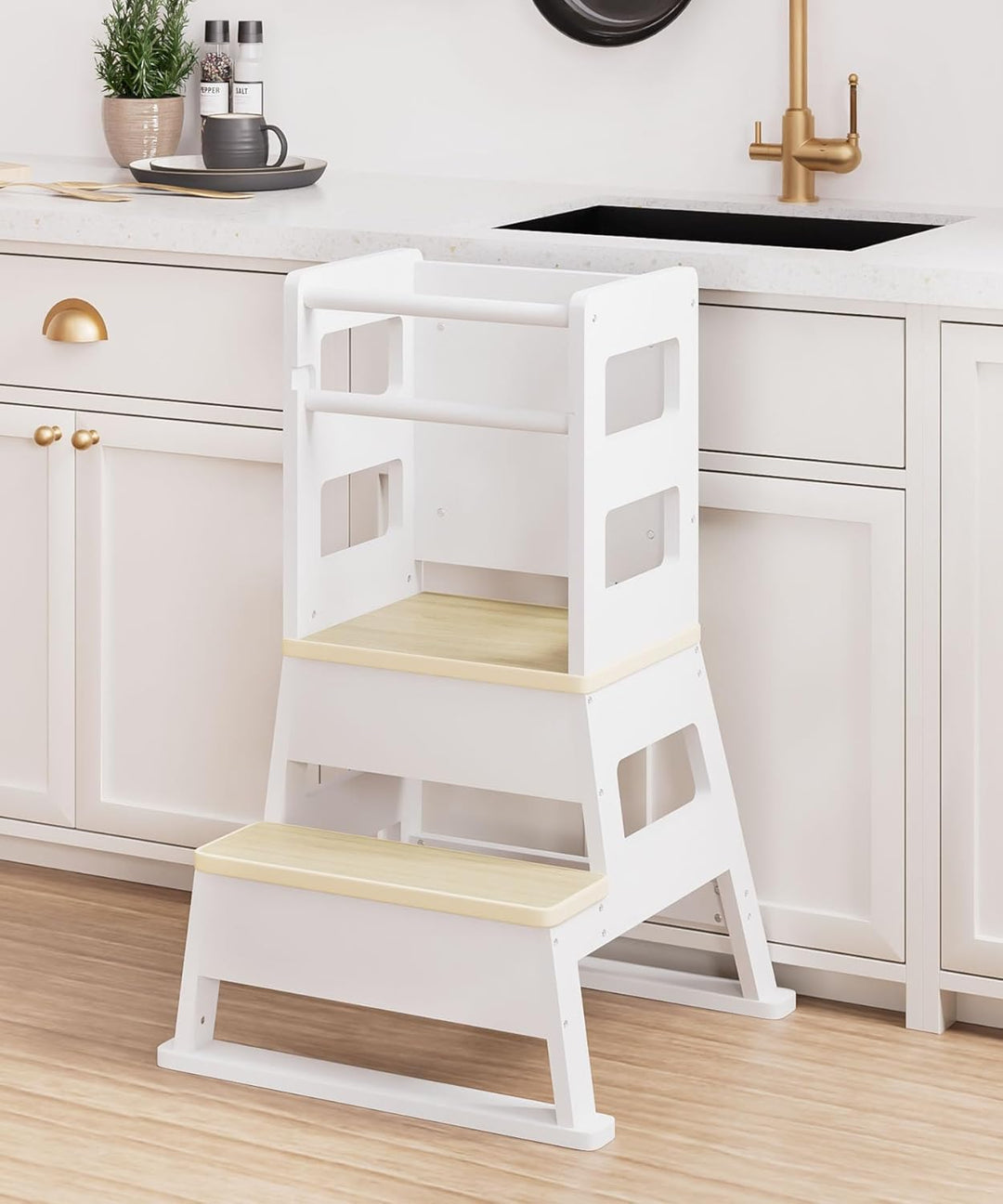 Yorbay Kinder Lernturm ab 1 Jahr: Stylisch Learning Tower mit Tafel - Massiv Montessori Lernturm Kin