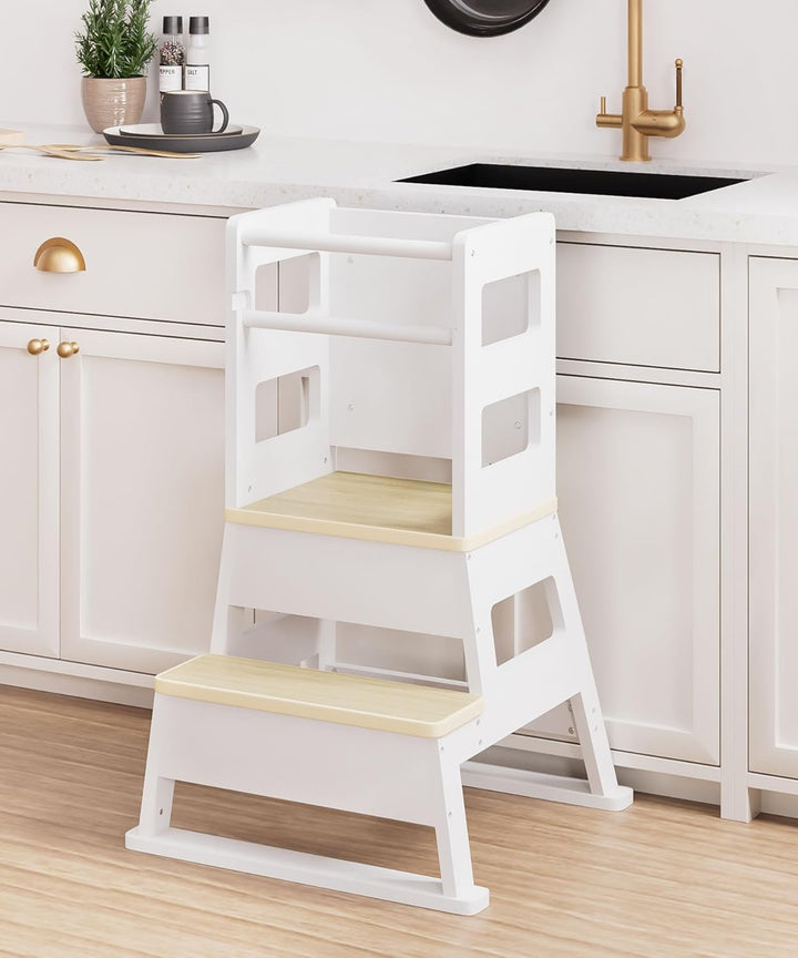 Yorbay Kinder Lernturm ab 1 Jahr: Stylisch Learning Tower mit Tafel - Massiv Montessori Lernturm Kin