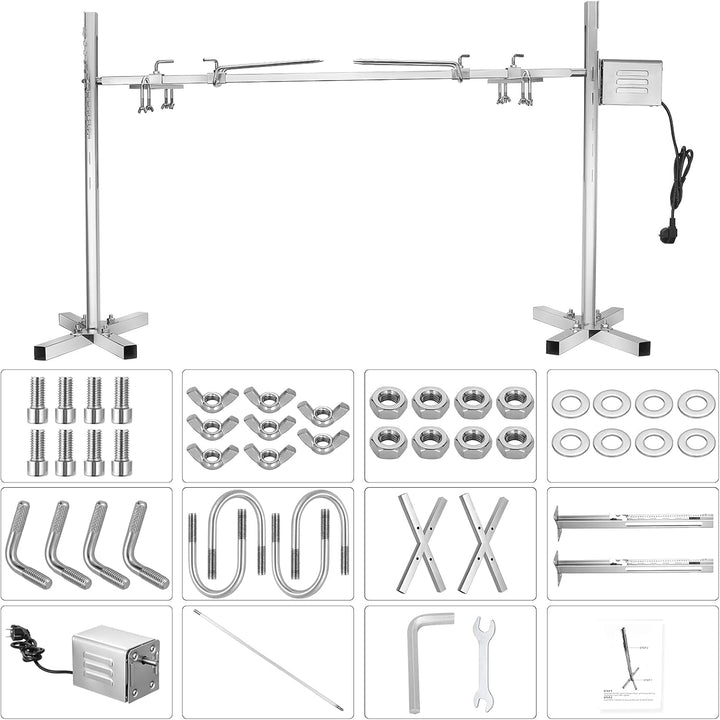 Elektrischer Drehspiess für Grill, 15W Motor mit 360° Rotation, höhenverstellbar 38-62 cm, Edelstahl