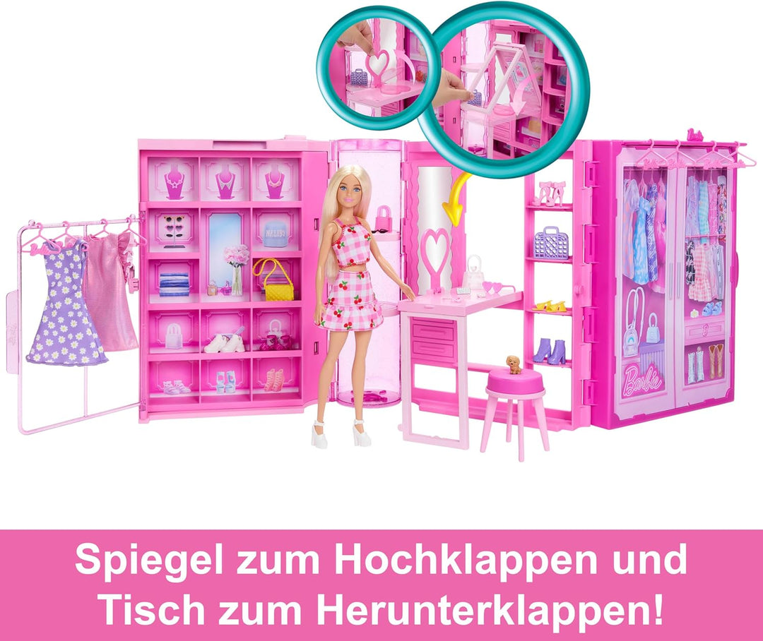 Barbie Traumkleiderschrank Spielzeug, Spielset mit blonder Modepuppe, Moden und Accessoires, knapp 1