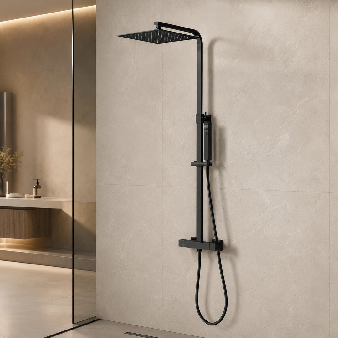 KOMIRO Duschsystem mit Thermostat, 25 X 25cm Regendusche mit armatur, Duscharmatur Schwarz, Duschgar